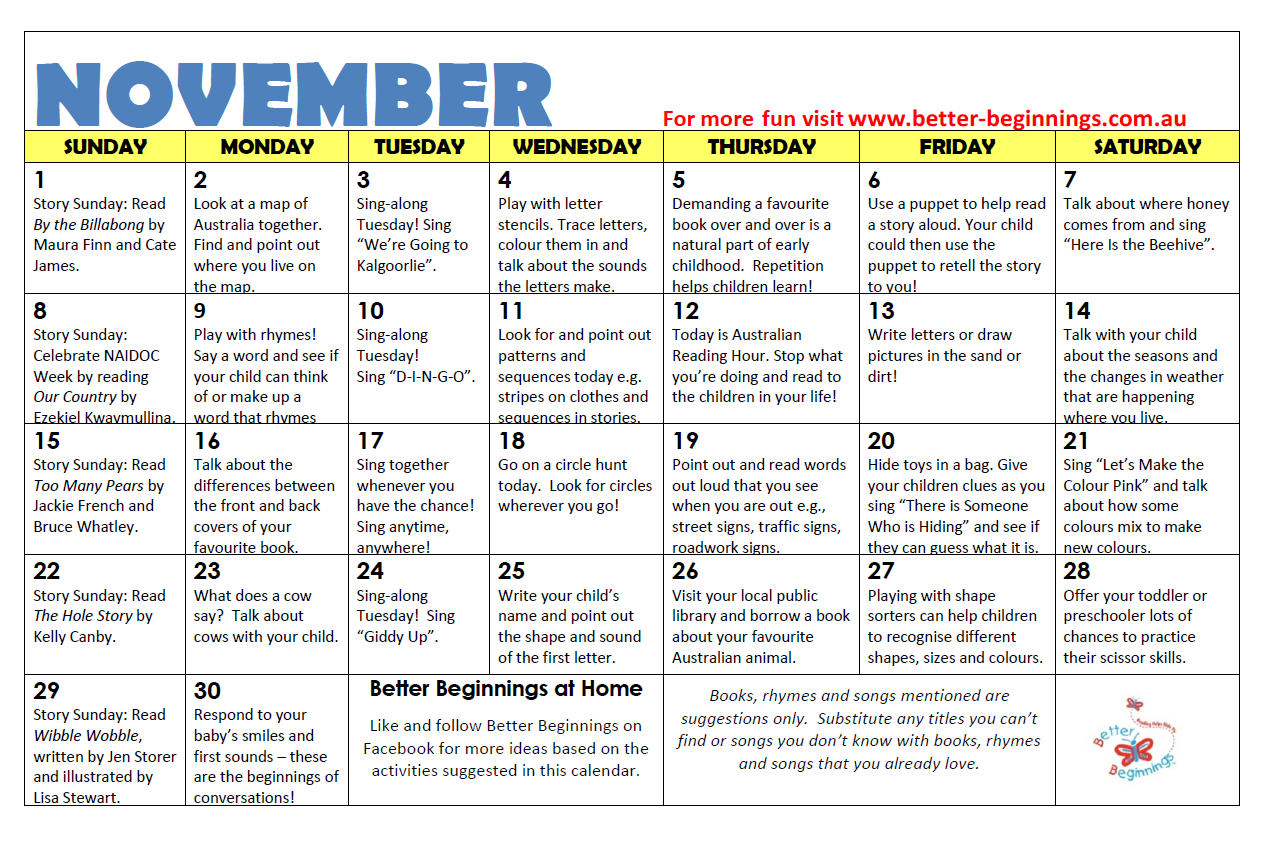 Home Literacy Calendar | Better Beginnings