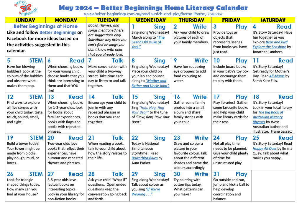 Home Literacy Calendar | Better Beginnings