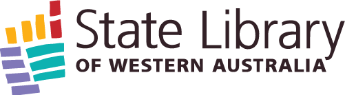 State Library of Western Australia logo with coloured striped lines (horizontal and vertical) in the shape of Western Australia