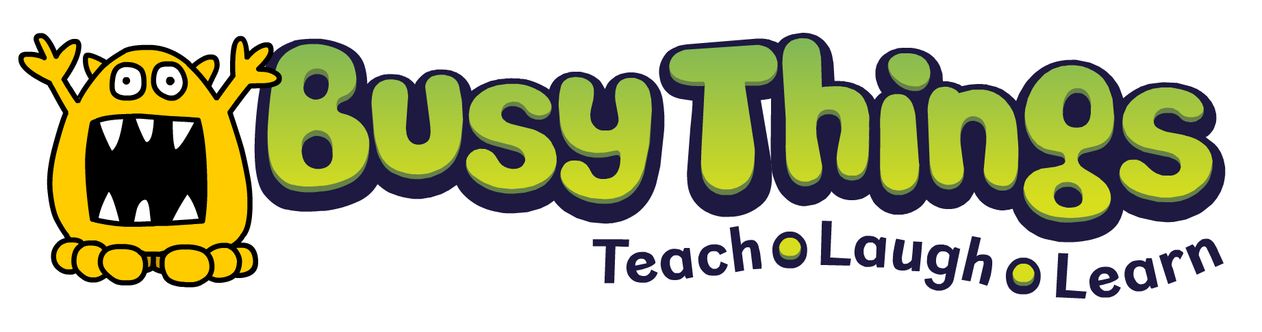 Busy Things logo in green text saying teach learn and play with a yellow monster with his hands in the air